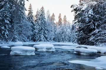 winter morning on river in Sweden - 723723358