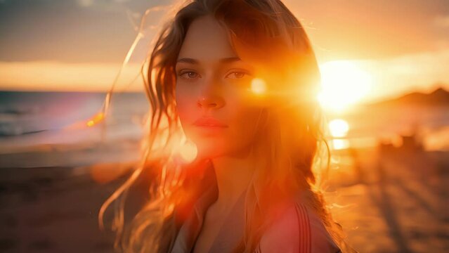 young woman, at cusp of adulthood, seen observing vibrant sunset from beach. pensive expression perhaps hinting at internal emotional conflict, psychological condition wherein individual torn