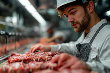 Butcher wearing hardhat taking inventory amidst meat in slaughterhouse - Powered by Adobe