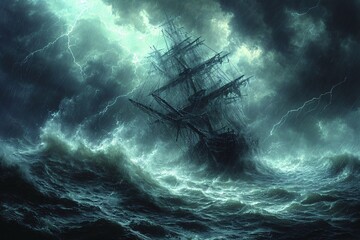 Sailing the High Seas: A Stormy Night on the Ocean Generative AI - obrazy, fototapety, plakaty