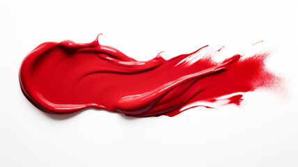 A smooth, creamy swatch smudge of red vivid liquid lipstick  makeup on a white background