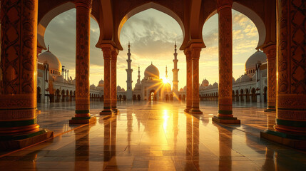 Magnificent mosque courtyard with brilliant sunlight under the beautiful sky