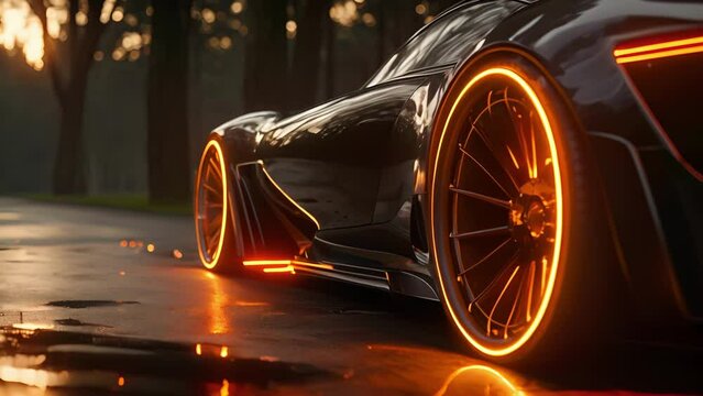 The camera zooms in on the wheels showcasing the intricate details of the custom rims and the glow of the LED lights built into them.
