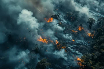 Fotobehang Amazon rainforest fire forest destruction deforestation ecological disaster eco-friendly eco global impact environment protection earth climate change danger endangered species wildfire burn emergency © Yuliia