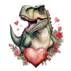 Cute dinosaur with a heart, watercolor png illustration with transparent background for valentines...