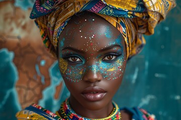 African Beauty: Face Painted with Blue and Gold Glitter Generative AI