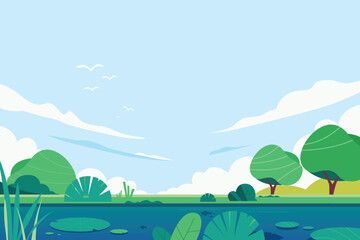 Fototapeta na wymiar Environment landscape background with leaf plant, beautiful lake and sky, vector design.