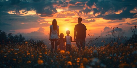Sunset Family Stroll in the Field Generative AI