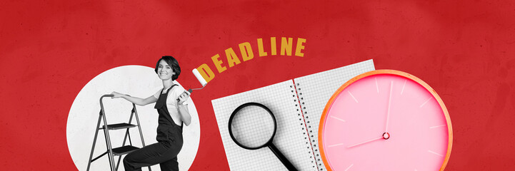 3d retro abstract creative artwork template collage of painter employee clock time netbook billboard comics zine minimal sketch artwork