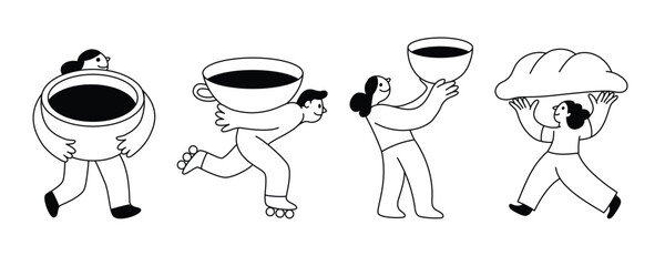 Vector logo design template and graphic elements for advertising, branding, posters and banners, funny cartoon illustrations with smiling character, coffee cup mascot, print and sticker