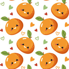 Vector seamless pattern with cute mandarine fruits. Summer repeated texture with smiling tangerines. Kids print with cartoon characters for childish clothing, fabrics and wallpaper. Doodle background