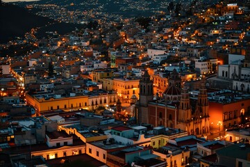 Night city with cactus in the background in the city