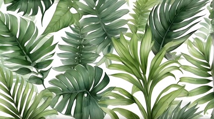 Pattern Of Leaves Of Monsteras,Ferns and Snake Plants.Generative AI