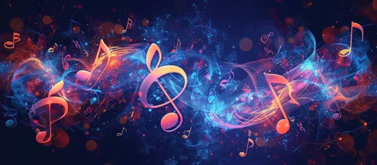 Foto op Canvas Colorful Music notes key symbol on fantasy lines of melody on abstract dark background. Generated AI © Leafart