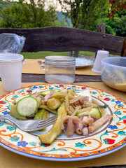 a beautiful handmade and hand painted italian dish with a bunch of grilled veggies and squid