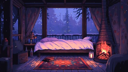 snow cozy cabin pixel art