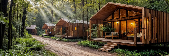 des bungalows en bois installés dans une forêt le long d'un chemin de terre - obrazy, fototapety, plakaty