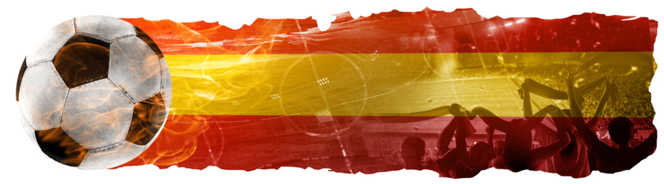 Soccer ball with sport fans cheering team of Spain during international championship. Banner. Sort event. Concept of championship, tournament, competition, tournament