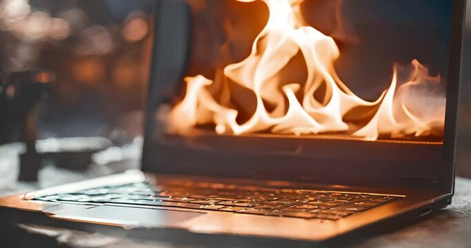 burning laptop in the background indoors, hard work