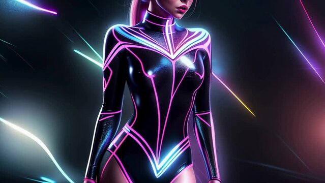 Digital art of a woman in a futuristic neon bodysuit