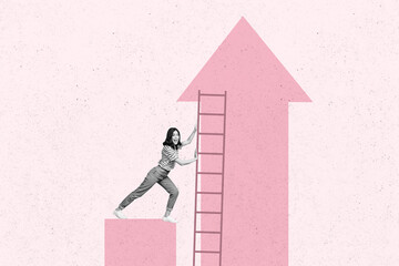 Creative trend collage of funny female hold ladder career arrow point up achievement motivation...