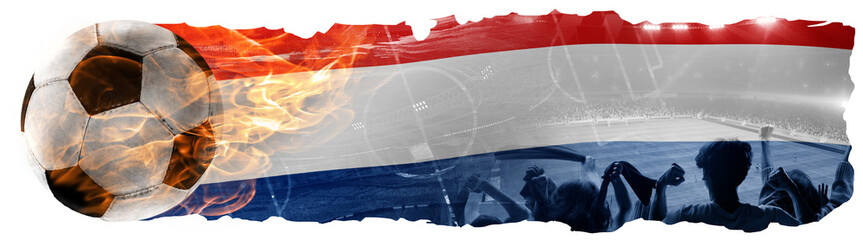 Sport fans attending match, cheering up team of Netherlands. Combination of soccer burning ball and...
