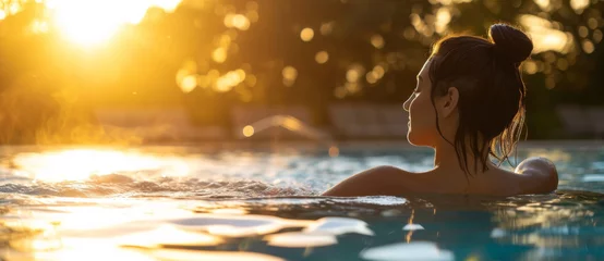 Foto op Canvas The serene silhouette of a woman relaxing in a hot spring pool, embraced by the golden caress of sunset © Ai Studio
