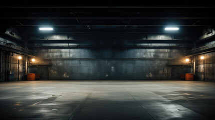 An atmospheric view of an empty industrial hangar with a glossy floor, bathed in the moody glow of overhead lights.