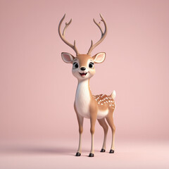 cute 3d young fawn or deer, small deer with horn in pastel pink background