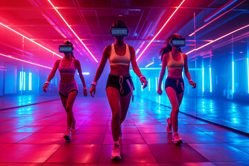 Three women in athletic wear and VR headsets walk confidently in a room with vibrant neon lights, resembling a futuristic workout