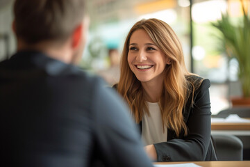 Happy businesswoman interviewing a well-prepared job candidate in a cozy office environment. The job interview process - from expectation to excitement, captured in high-definition