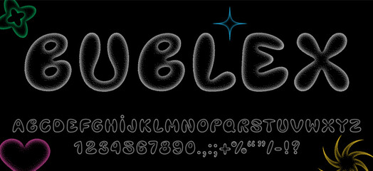 Y2K bubble pixel font. Balloon inflated letters and numbers of English alphabet for retro-futuristic 2000s design, isolated vector type elements