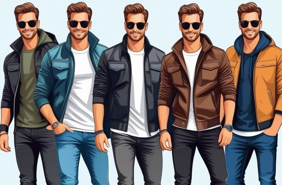 Stylish handsome men dressed in modern casual fashion male style clothes, illustration. Cartoon illustration.
