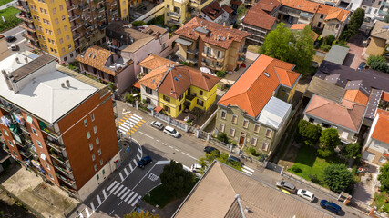 Aerial view of residential buildings in a residential area of Vimodrone, in the metropolitan city...
