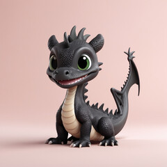 Cute small adorable baby black dragon like creature, isolated in pastel background