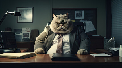 A Fat cat is sitting at the office table in front of a computer, upset and dissatisfied employee	