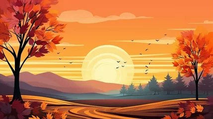 Papier Peint photo Orange Autumn season at sunset, landscape background for banner or presentation