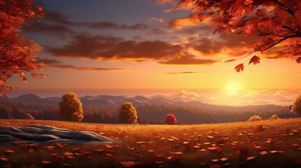 Autumn season at sunset, landscape background for banner or presentation