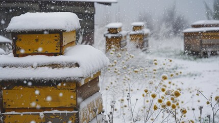 Bee hives blanketed in snow