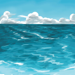 Blue ocean vector illustration with blue sky and white clouds