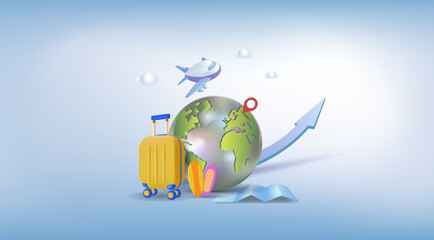 A minimalistic cartoon airplane. The concept of travel,
tourism, vacation planning, ticket booking
and passenger service. 3d vector illustration.