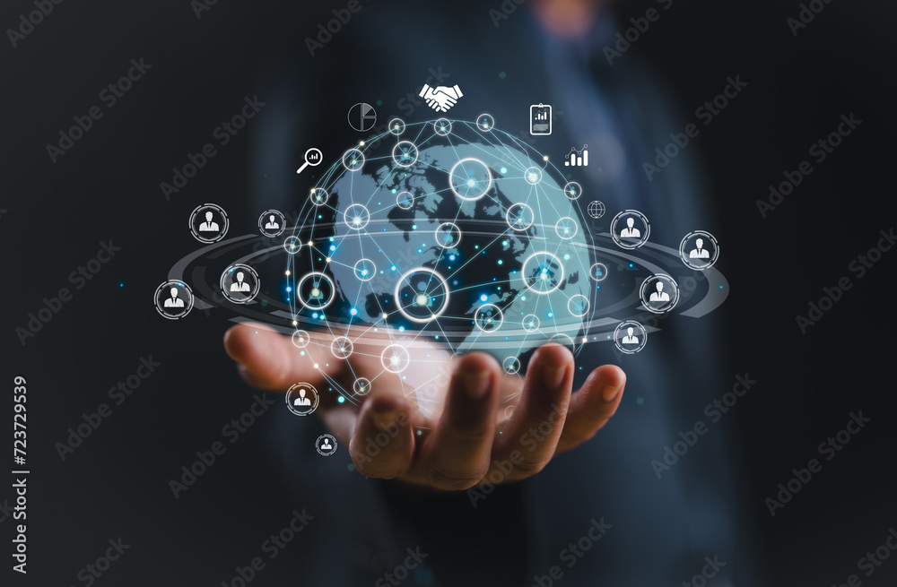 Aufkleber businessman holding global network connection. big data analytics and business intelligence concept.
