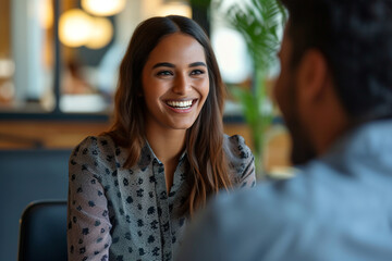 Happy businesswoman interviewing a well-prepared job candidate in a cozy office environment. The job interview process - from expectation to excitement, captured in high-definition