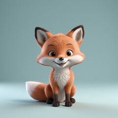 Cute little fox 3d illustration. Adorable wild animal in cartoon style sitting and smiling isolated on white background. Animal, nature, wildlife concept