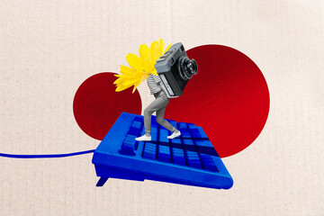 Collage artwork minimal picture of flower head lady holding camera walking vintage keyboard...