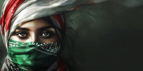 portrait of a woman in hijab with a flag of the country