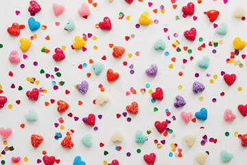 An array of heart-shaped candies, sprinkled like confetti on a pristine white canvas