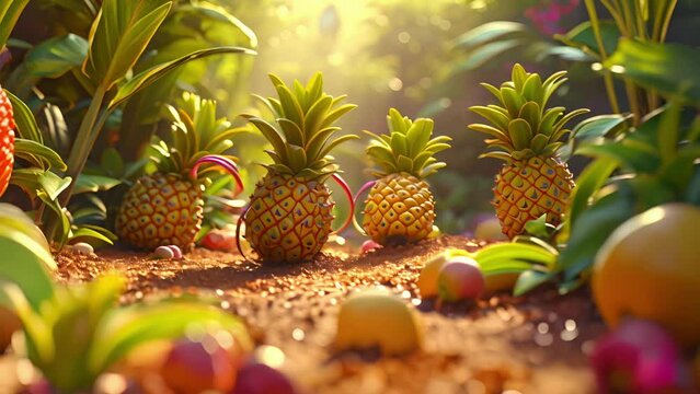 Look closely and youll spot a sneaky pineapple hula hooping behind the back of their friend who is too busy enjoying a fruity tail to realize the shenanigans happening behind