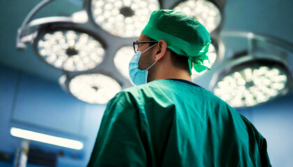 Closeup and back view of a male surgeon wearing surgical mask on in operating room at hospital. Generative Ai.