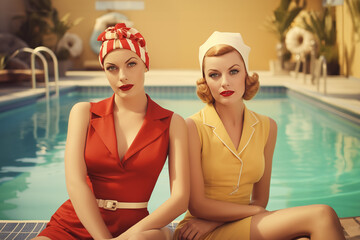 Two women sitting by a pool, vintage 1950s fashion models portrait, retro style